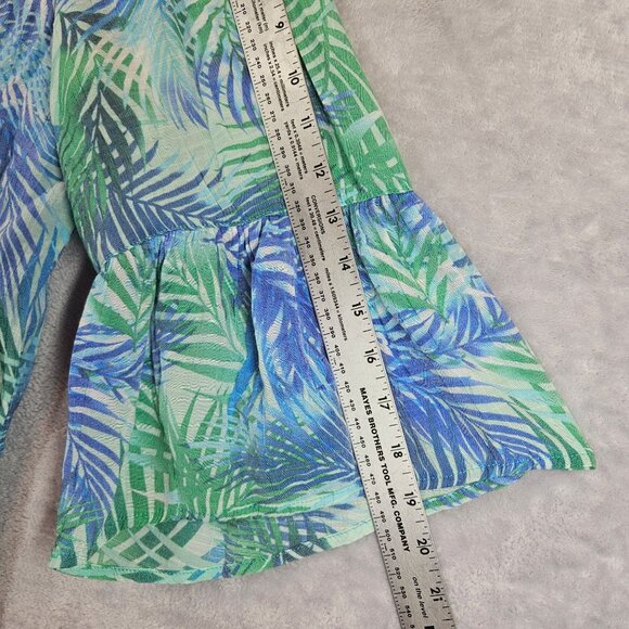 Catherines Blouse 1X Womens Bell Sleeve Top Blue Green Leaf Print Gauzy Peasant - Picture 5 of 14